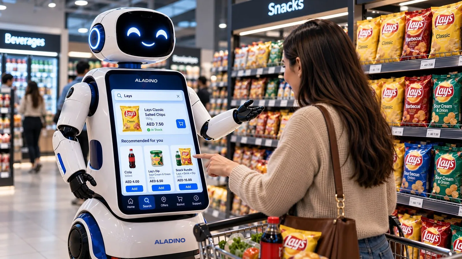 A customer searching for a product on the ALADINO robot's screen in the snacks aisle
