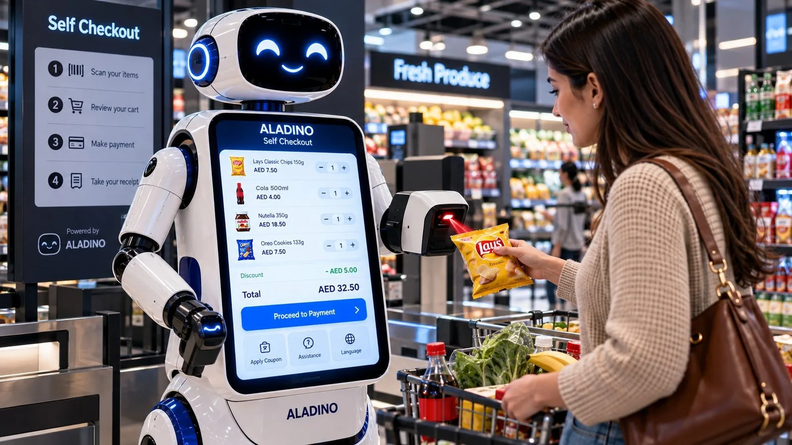 A customer scanning a product at the ALADINO self checkout