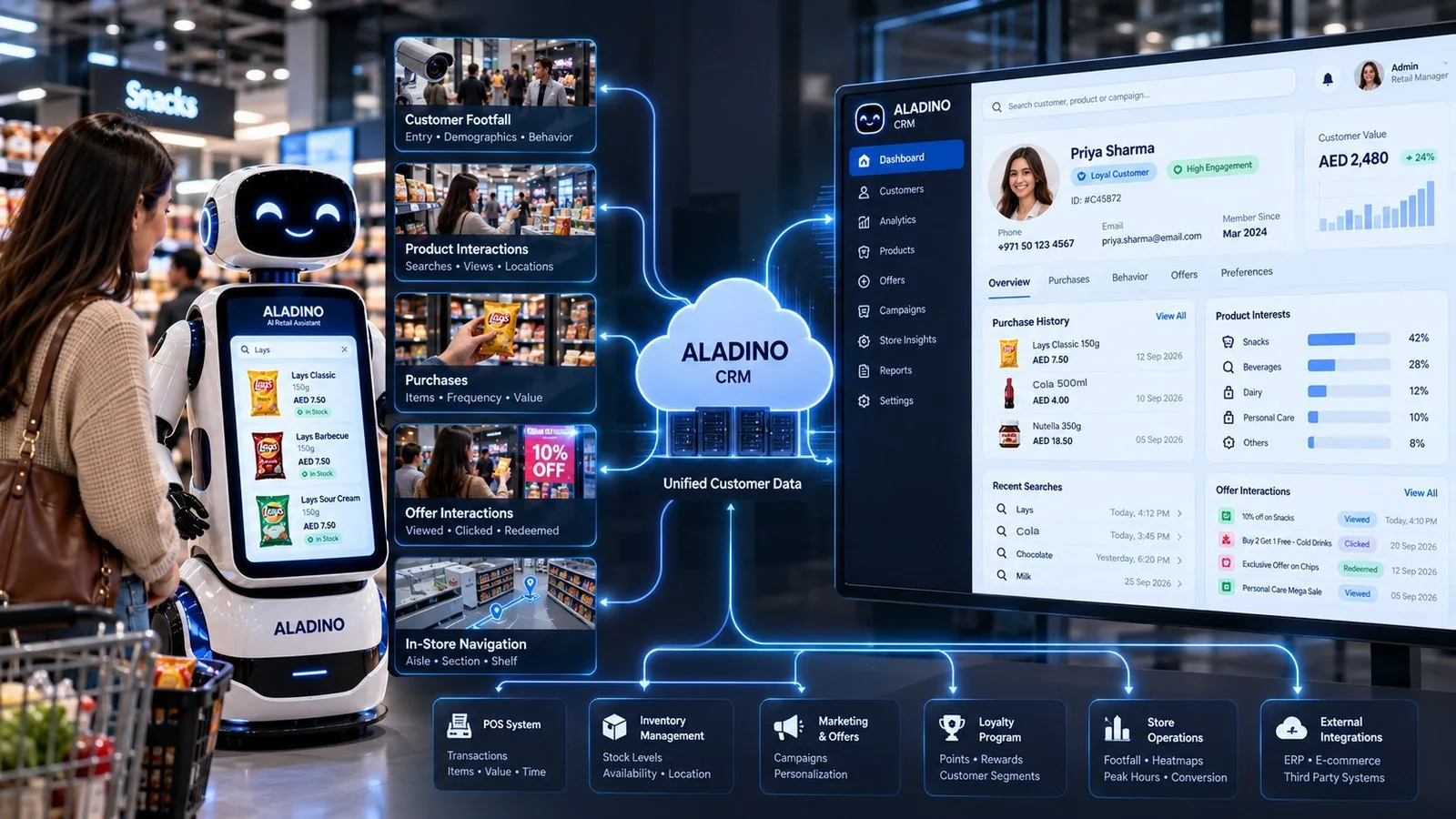 Customer footfall, product interactions, purchases and offers flowing from the ALADINO robot into one CRM