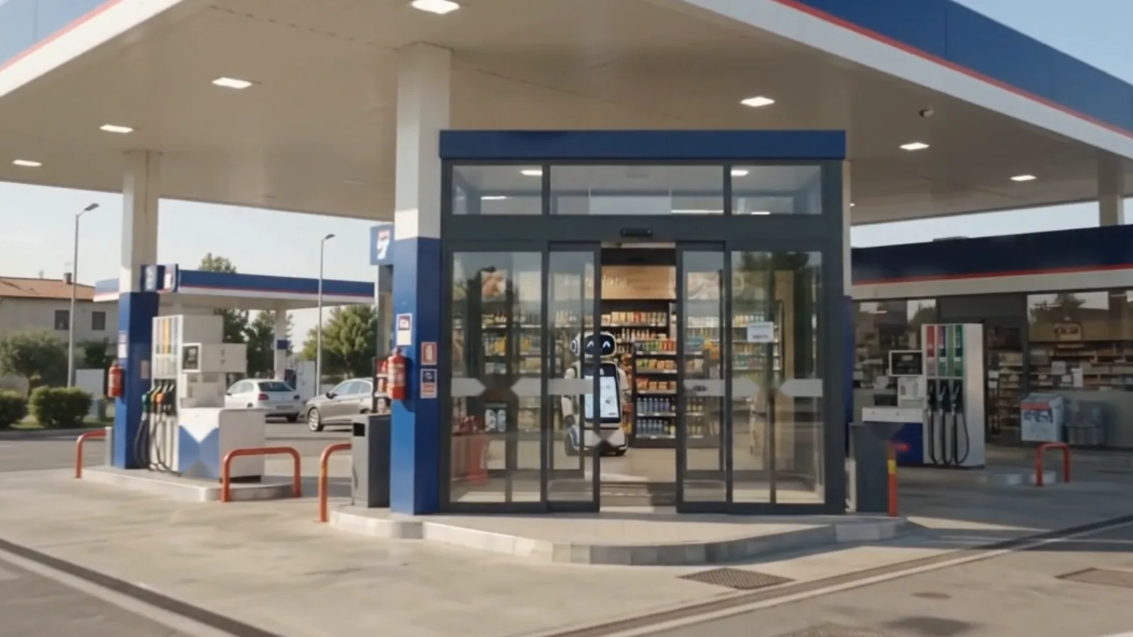 A service station forecourt with the ALADINO robot at the shop entrance