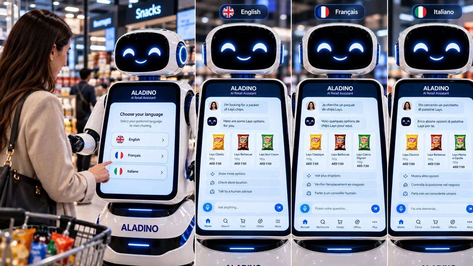 The ALADINO screen shown in English, French and Italian