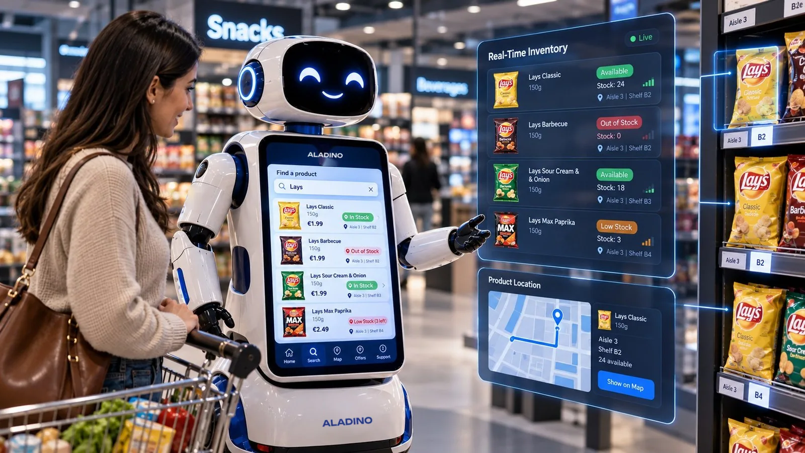 ALADINO showing real-time inventory and the product's place on a store map