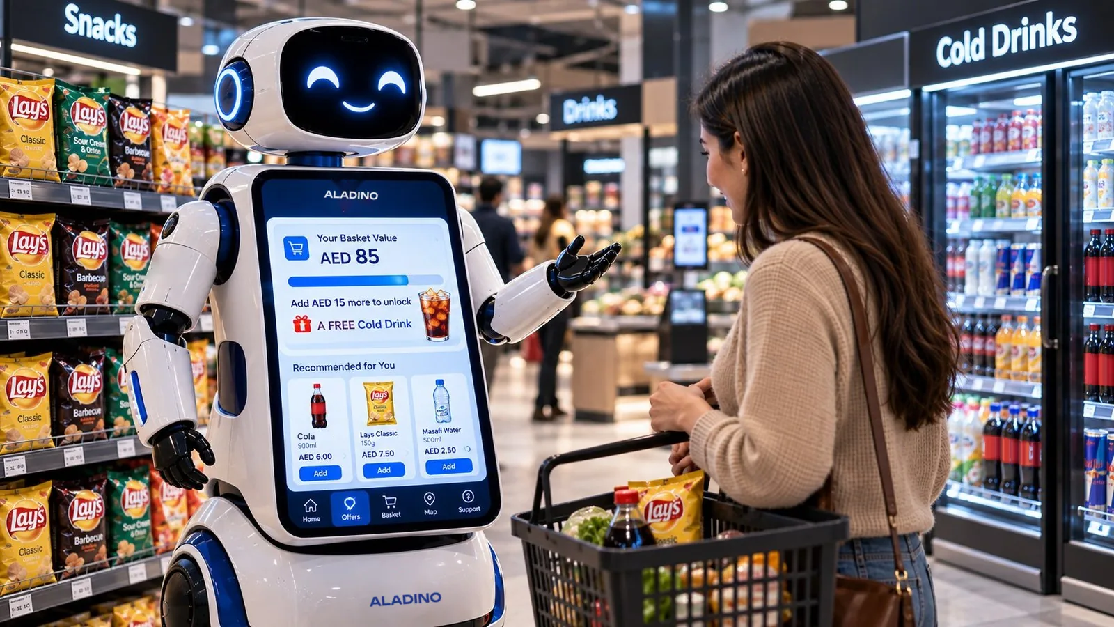ALADINO showing basket value and the amount left to unlock a free cold drink