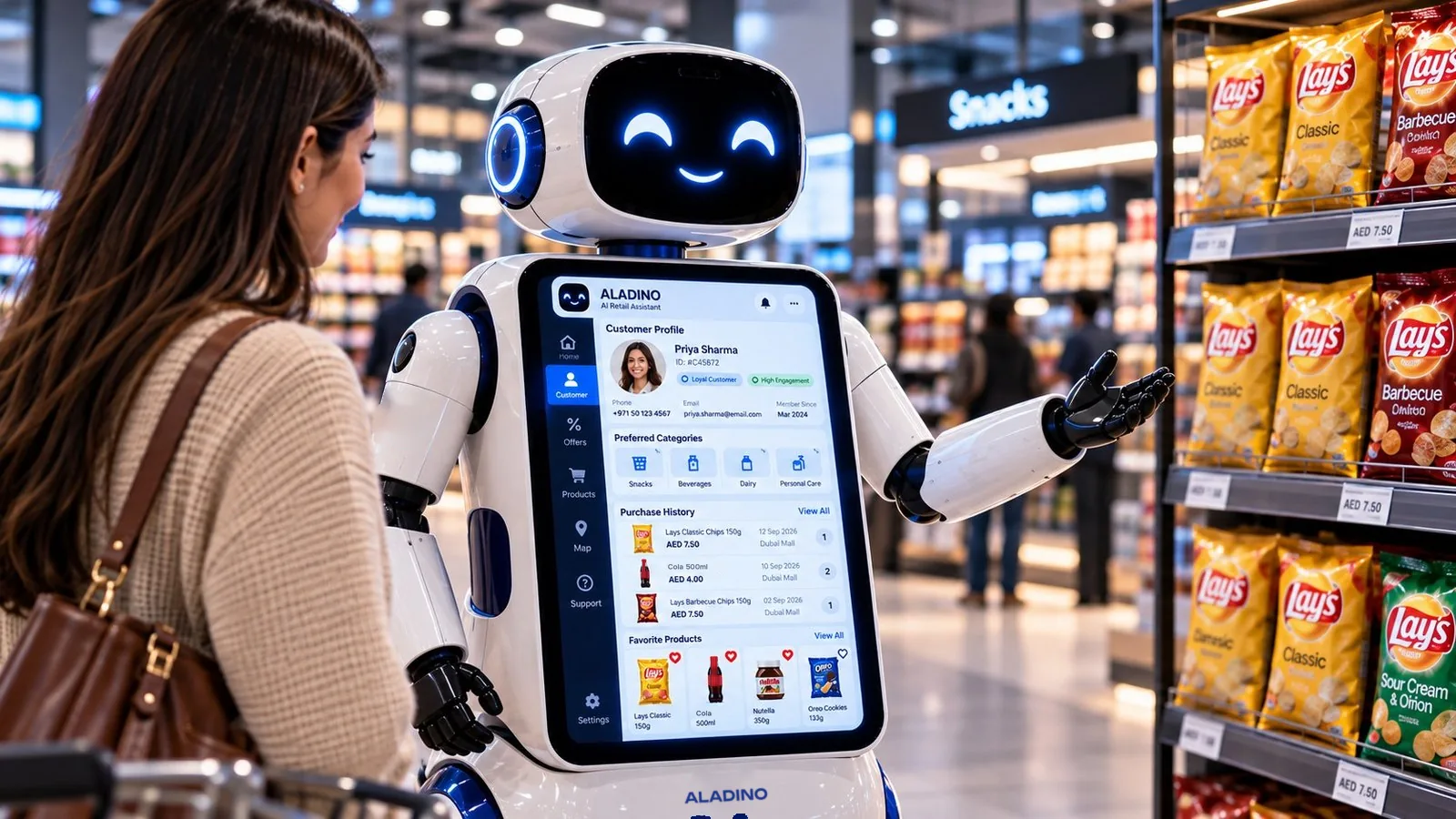 A customer profile with preferred categories, purchase history and favourite products on the ALADINO screen