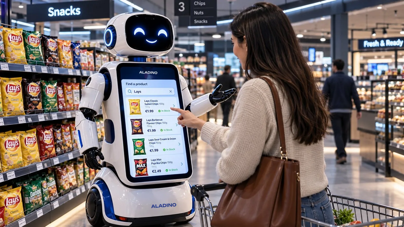 A customer searching for a product on the ALADINO screen in a supermarket aisle